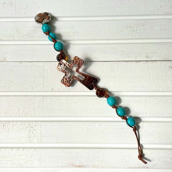 Jewelry - Copper cross bracelet turquoise leather beaded hammered metal boho Gypsy style